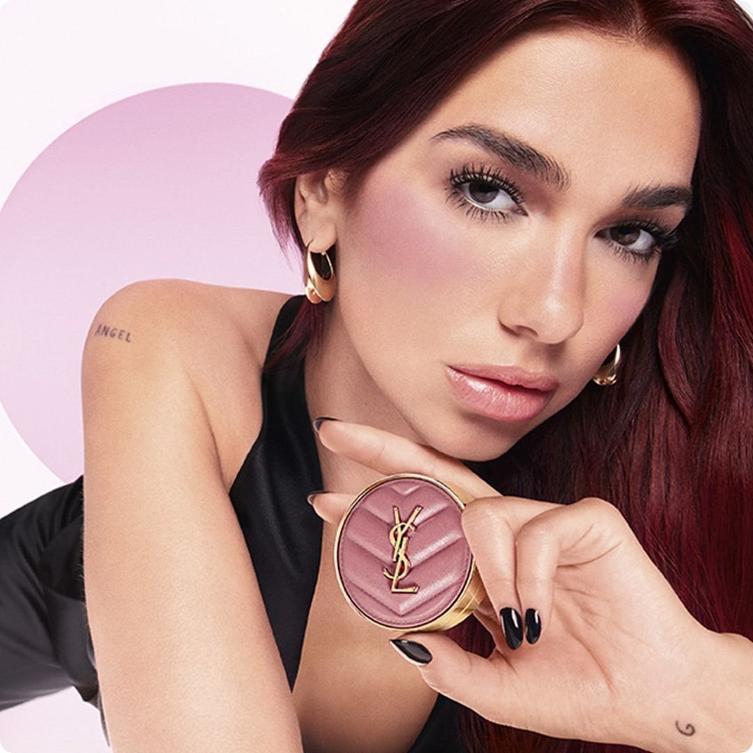 2025 loreal luxe brand ysl beauty woman in black outfit with lavender blush