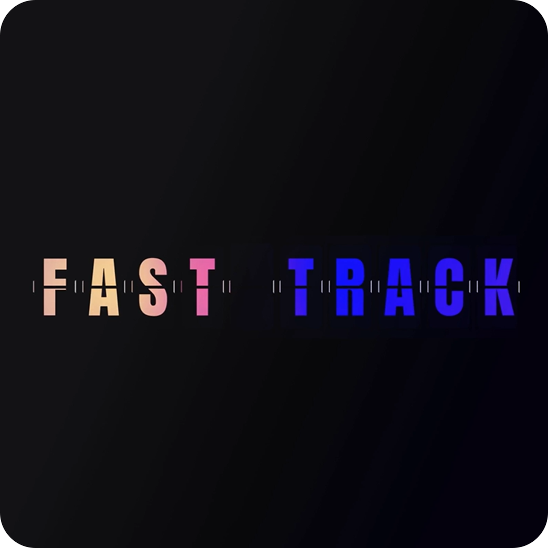 2026TravelRetail524251FastTrackFAST TRACK lettering in pink and blue on a dark background