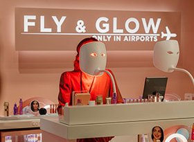 2026TravelRetail524561FlyAndGlowWoman in red behind a cosmetics counter wearing a white facial mask