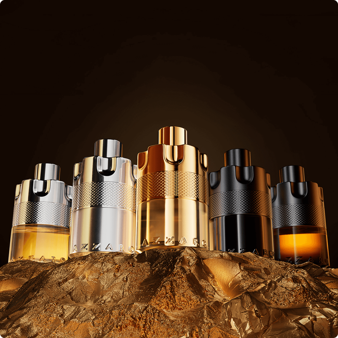 2025 loreal luxe brand azzaro gold background perfume bottles silver gold and black