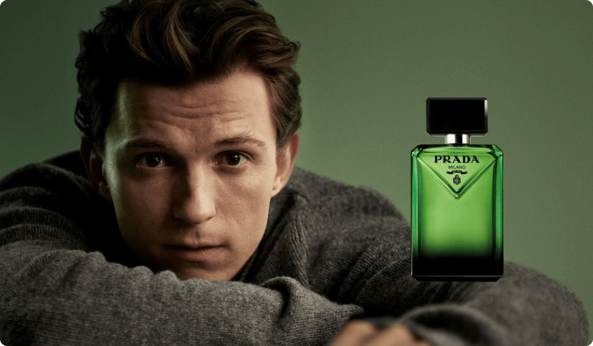 2025 prada luxe brand men in sweater green perfume bottle