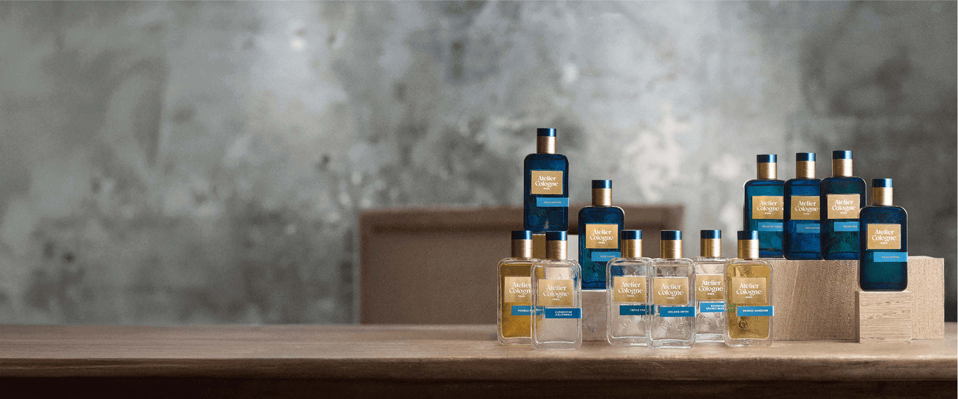 2025 loreal luxe brand atelier cologne range transparent and blue bottle hero banner