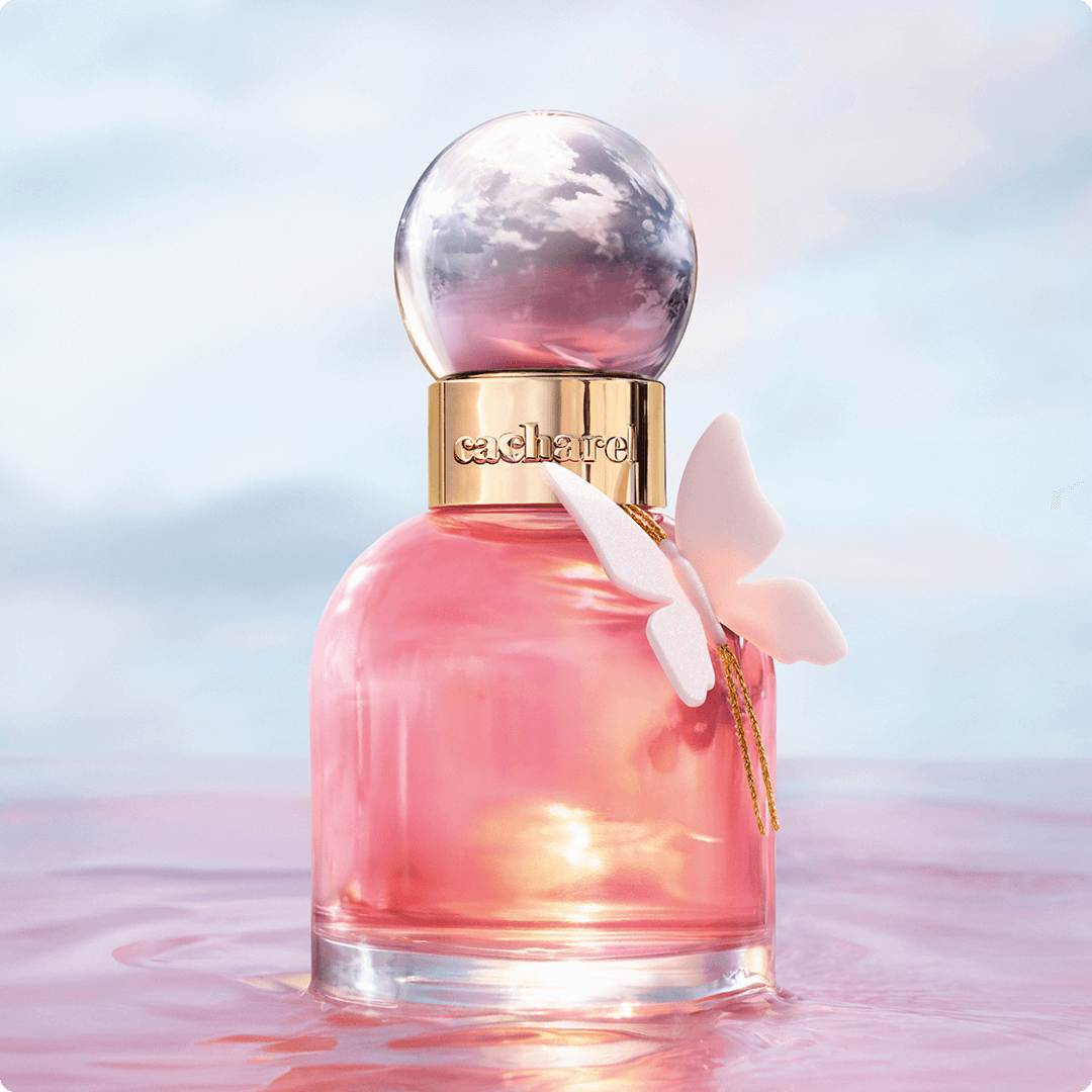 2025 loreal luxe brand Cacharel pink perfume bottle with butterfly tag under sky