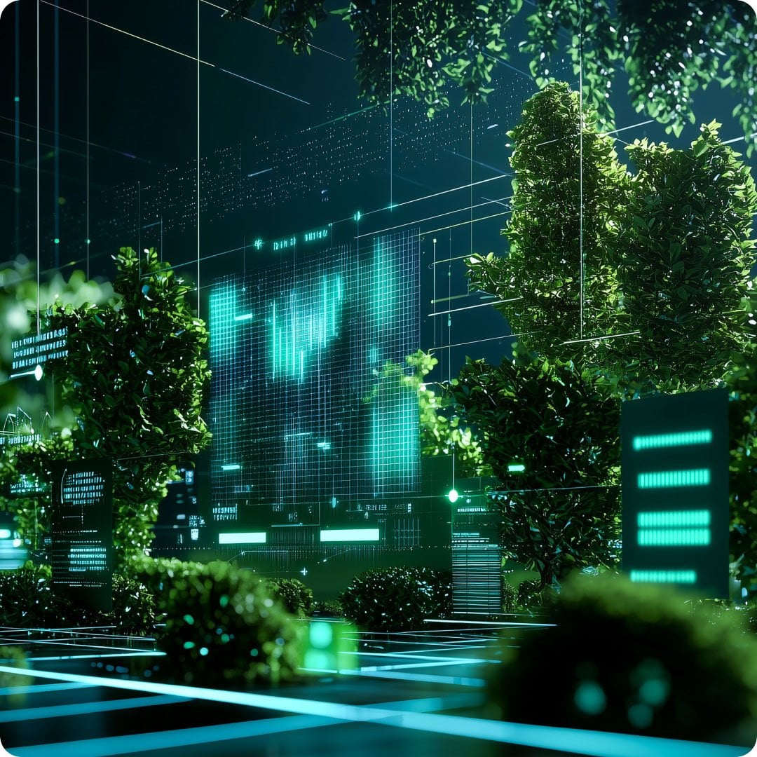 2025 BeautyTech SustainableTech GreenTreesandBushesIntegratedwithLargeGlowingVerticalScreens
