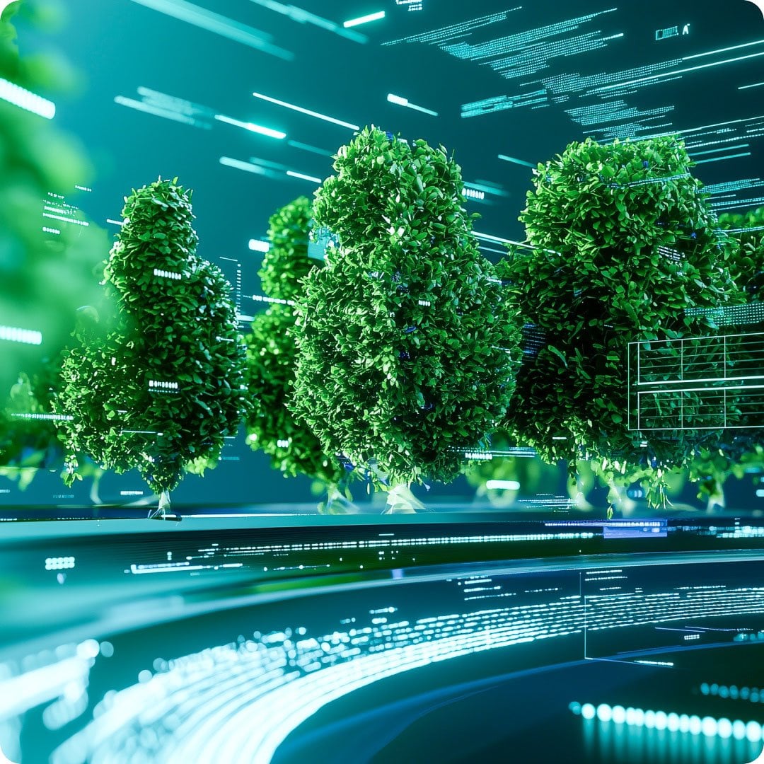 2025 BeautyTech SustainableTech RowsofLushGreenTreesandMatrixCodeLinesBrightCyberEnvironment