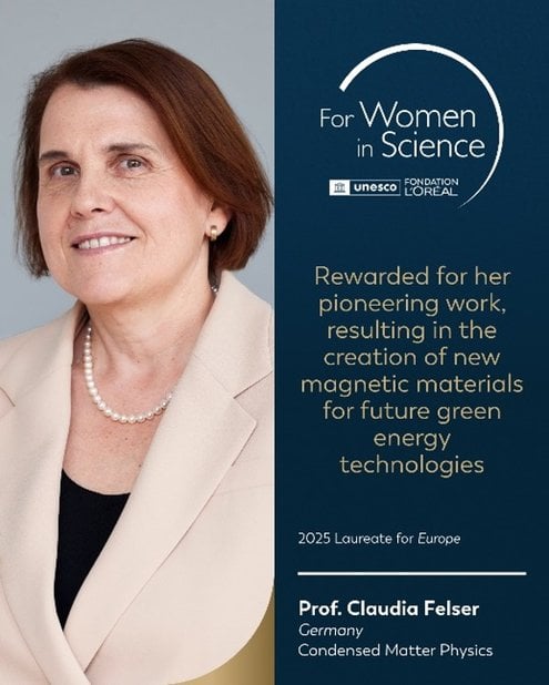 Ein Portrait von Claudia Felser welche im Rahmen des "For Women in Science"-Programms ausgezeichnet wurde für ihre Arbeit