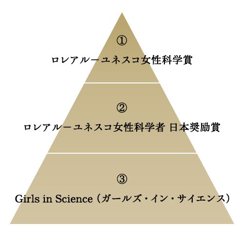 ①ロレアル-ユネスコ女性科学賞 ②ロレアル-ユネスコ女性科学者 日本奨励賞 ③Girls in Science(ガールズ・イン・サイエンス)