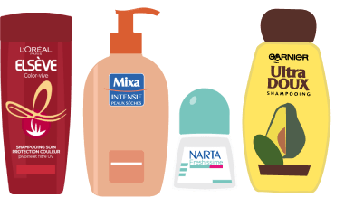 Shampoings, après-shampoings, gels douche, crèmes pour le corps, etc.